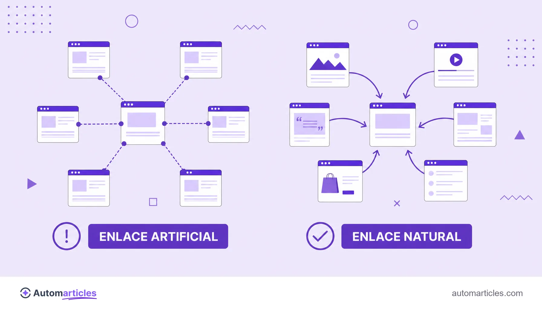 Ilustración que compara enlaces artificiales de una PBN con enlaces naturales de sitios variados, el primero con alerta y el segundo aprobado.