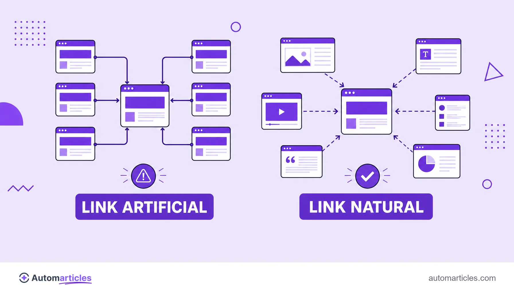Ilustração comparando links artificiais de uma PBN com links naturais de sites variados, o primeiro com alerta e o segundo aprovado.