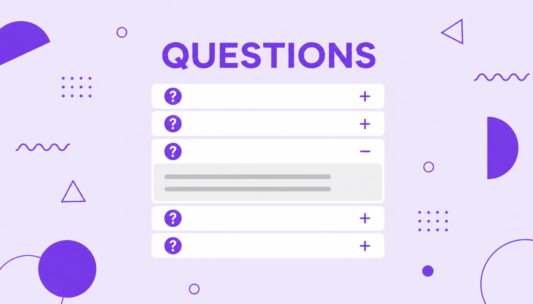 Illustration of an accordion of questions with question marks and plus signs, one of them open with its answer, representing People Also Ask.