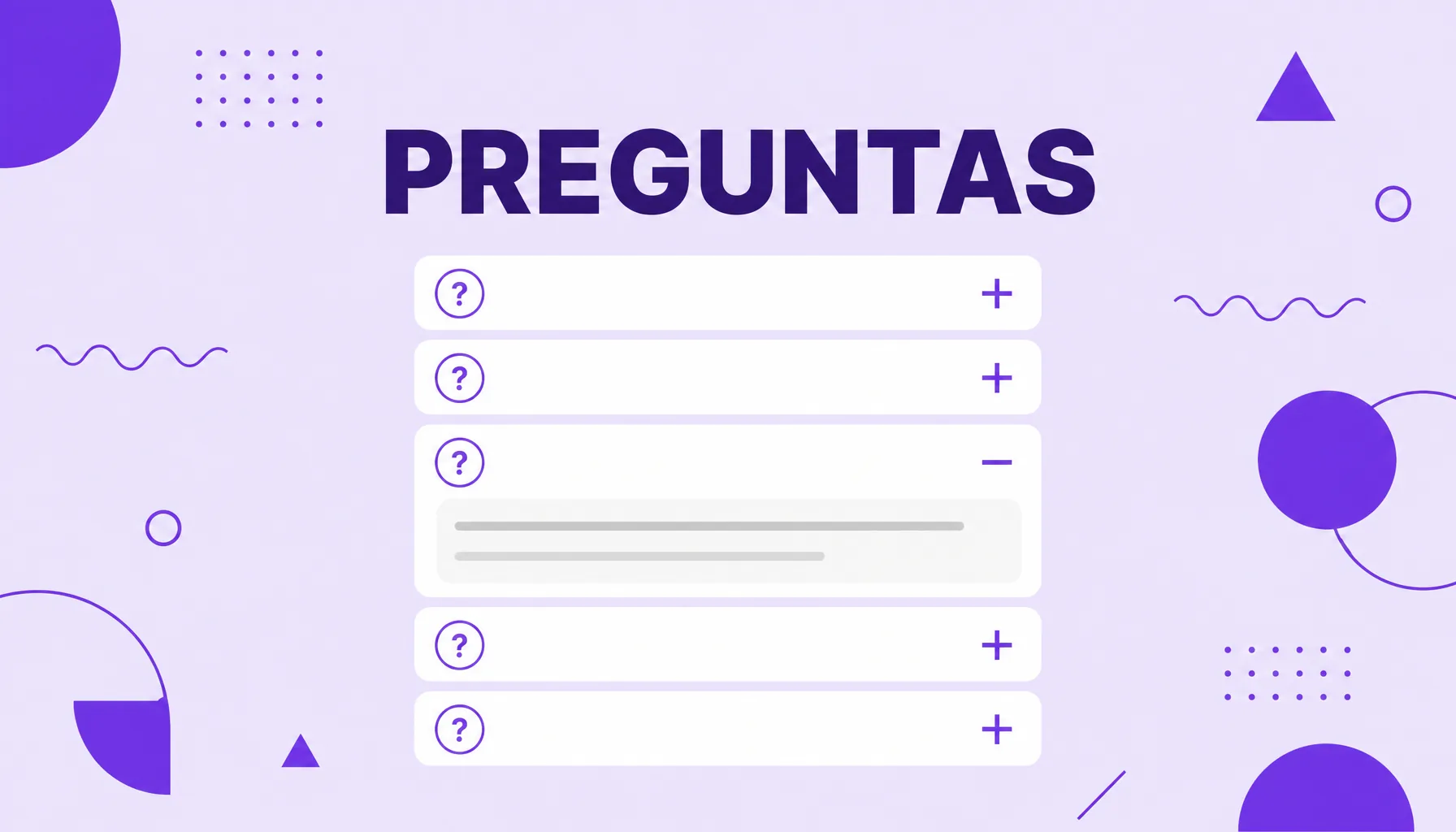 Ilustración de un acordeón de preguntas con signos de interrogación y signos de más, una de ellas abierta con la respuesta, que representa el People Also Ask.