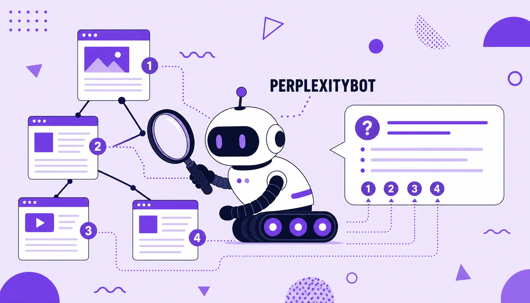 Illustration of a robot with a magnifying glass reading pages and building an answer with numbered citations, representing PerplexityBot.