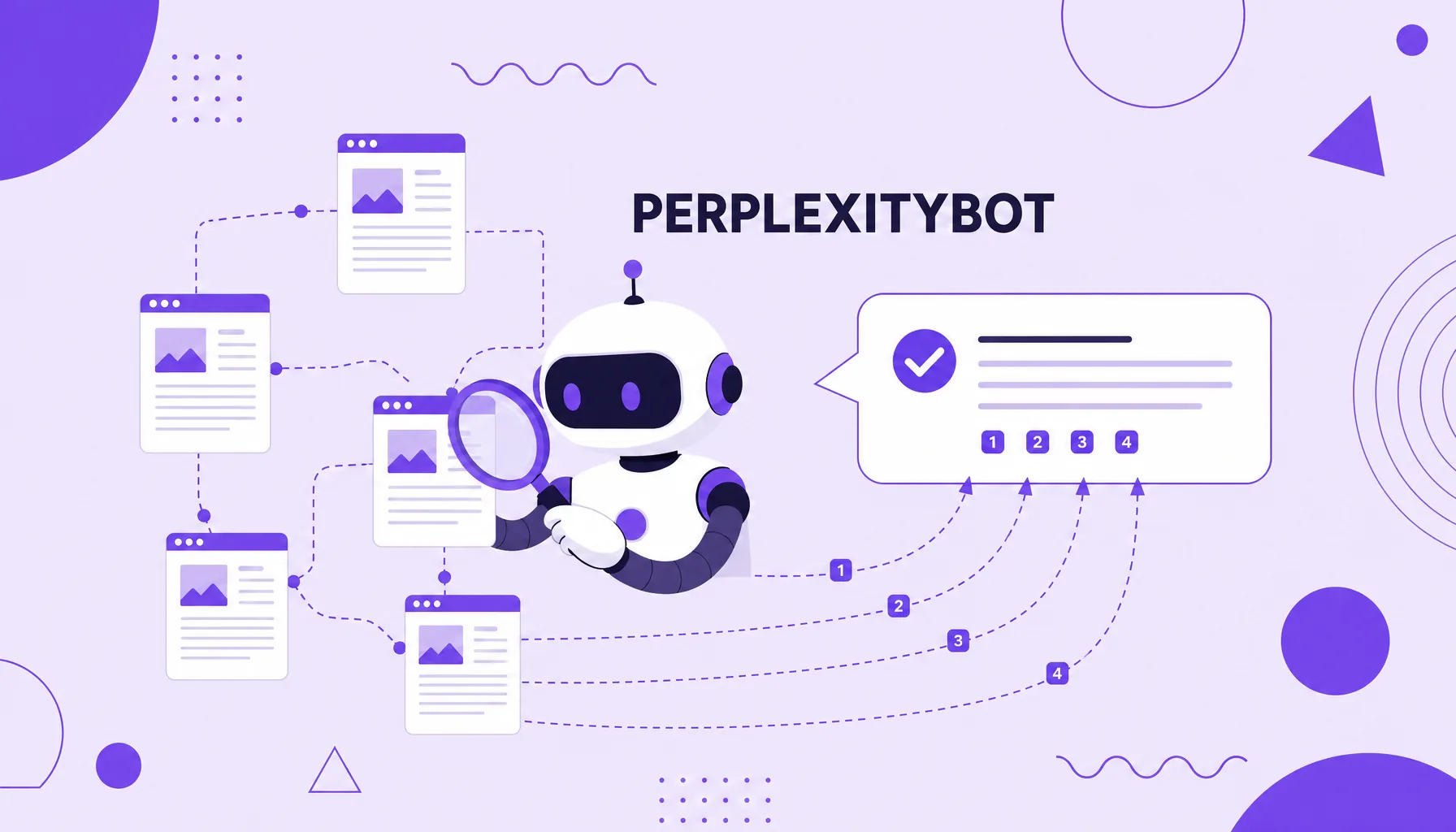 Ilustración de un robot con lupa leyendo páginas y armando una respuesta con citas numeradas, que representa el PerplexityBot.