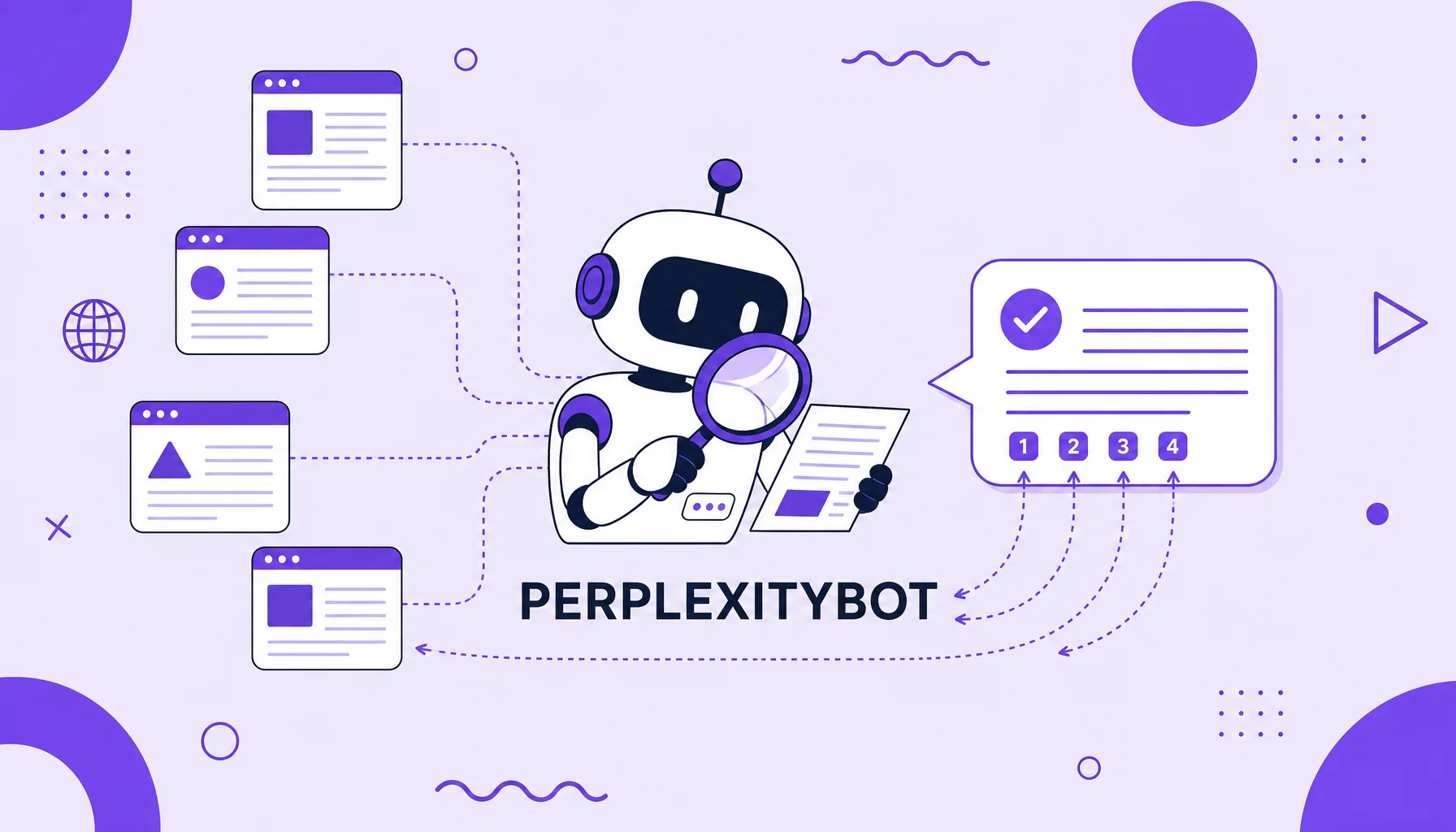 Ilustração de um robô com lupa lendo páginas e montando uma resposta com citações numeradas, representando o PerplexityBot.