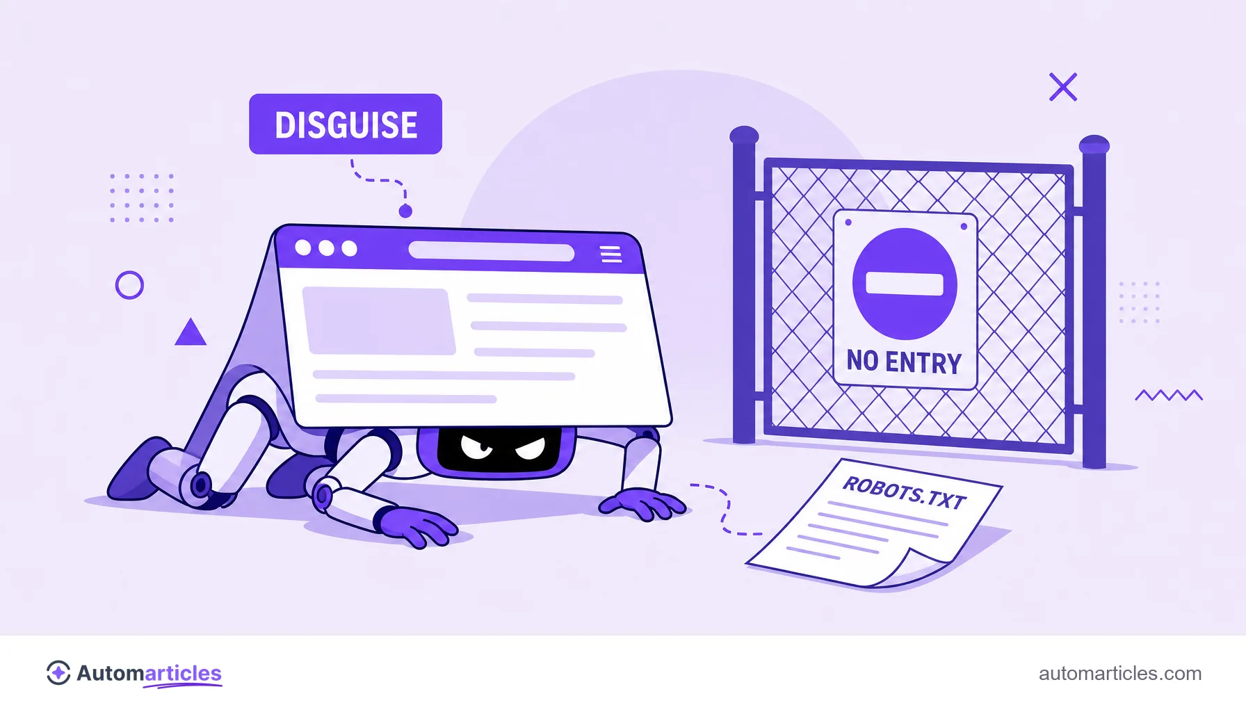 Illustration of a robot disguised as a browser slipping past a no entry gate and ignoring a robots.txt, representing the stealth crawling attributed to Perplexity.