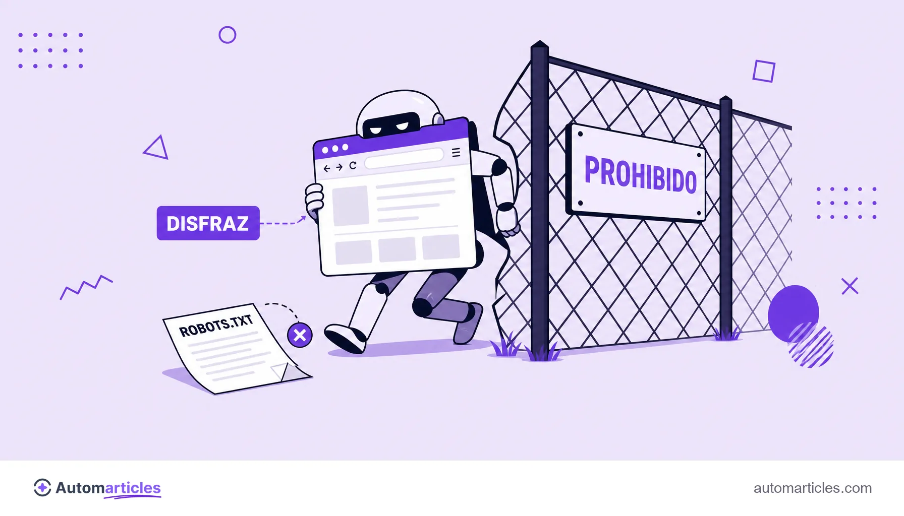Ilustración de un robot disfrazado de navegador colándose por una verja prohibida e ignorando un robots.txt, que representa el rastreo furtivo atribuido a Perplexity.