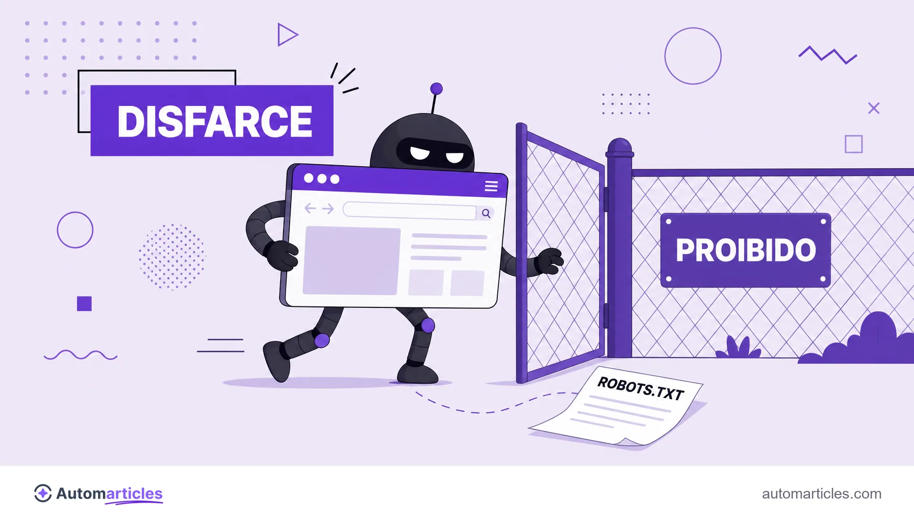 Ilustração de um robô disfarçado de navegador passando por um portão proibido e ignorando um robots.txt, representando o rastreamento furtivo atribuído ao Perplexity.