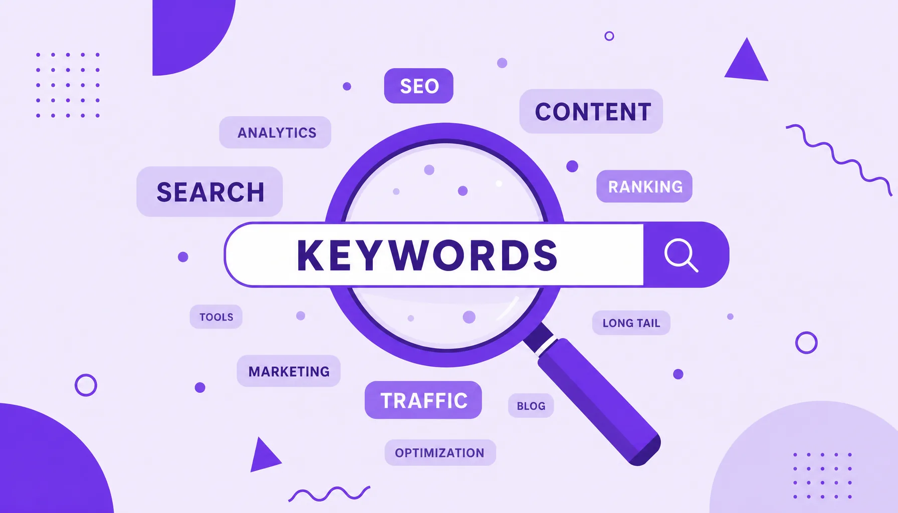 Illustration of a magnifying glass over a search bar revealing several keywords of different sizes, representing keyword research.