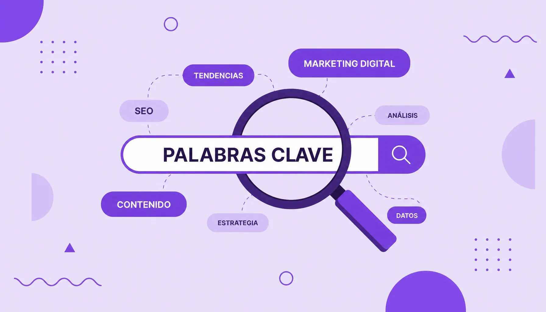 Ilustración de una lupa sobre una barra de búsqueda que revela varias palabras clave de tamaños diferentes, que representa la investigación de palabras clave.