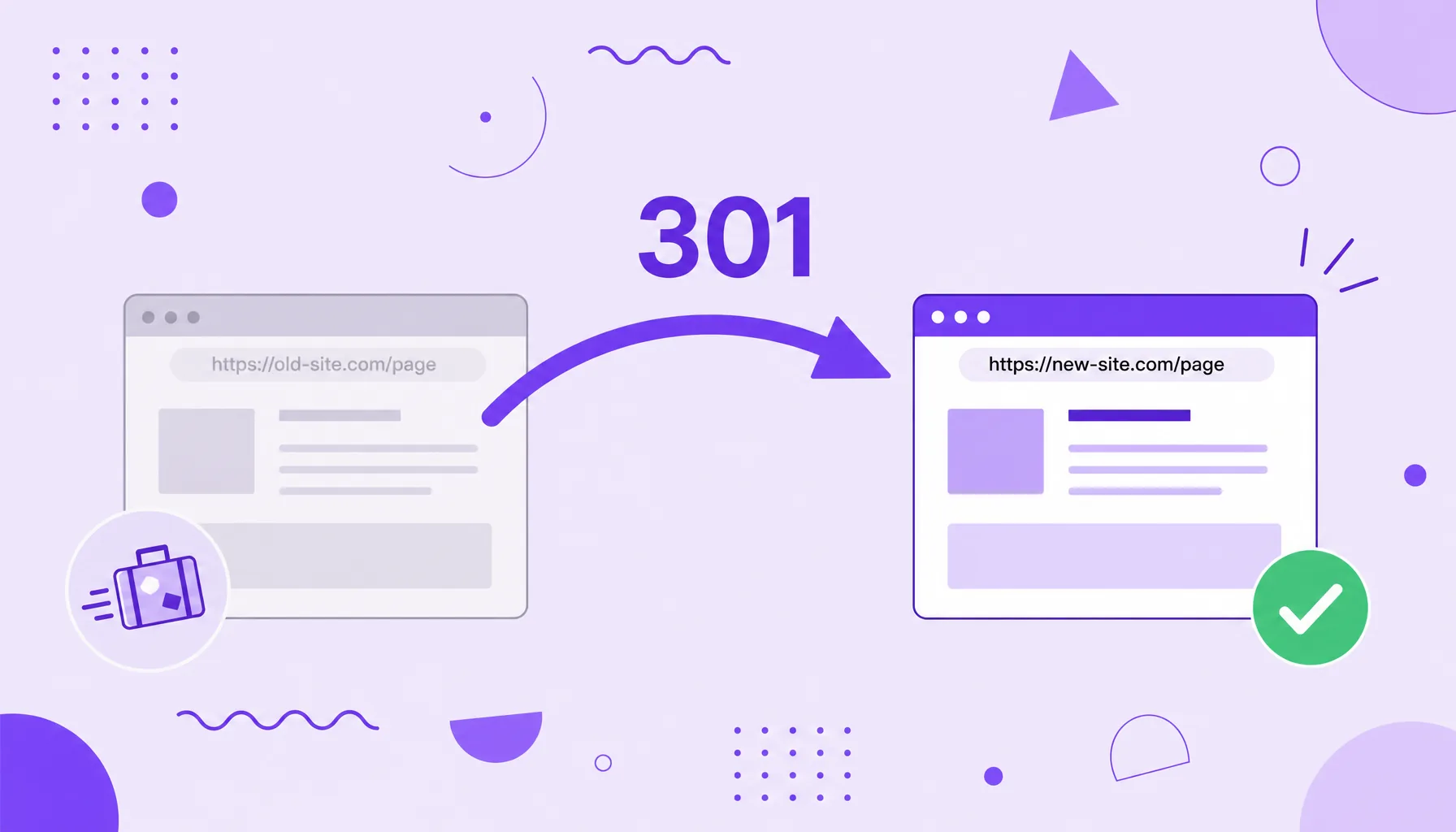 Illustration of a 301 arrow linking an old address to a new valid site, representing the permanent redirect.