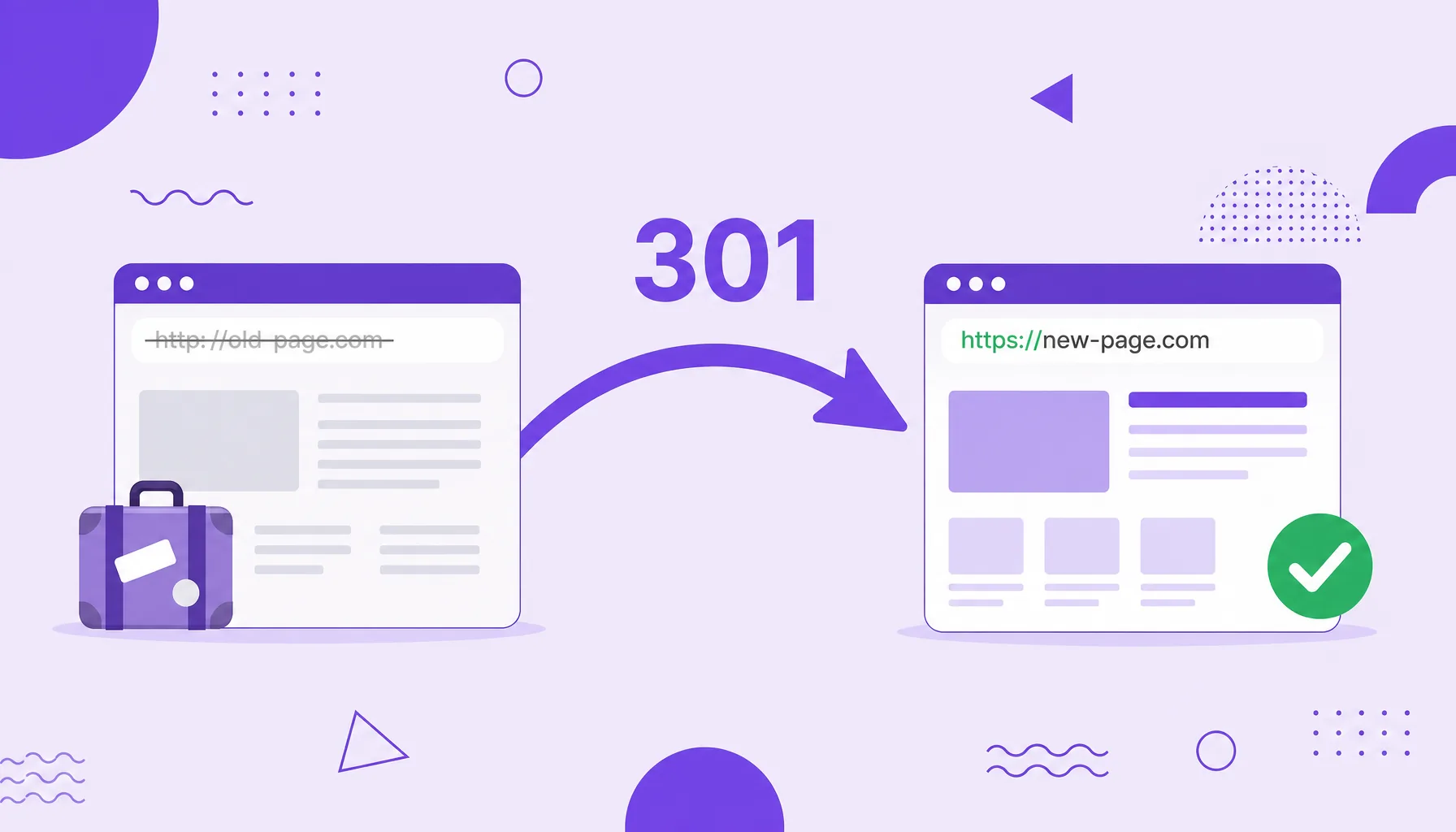 Ilustração de uma seta 301 ligando um endereço antigo a um novo site válido, representando o redirecionamento permanente.