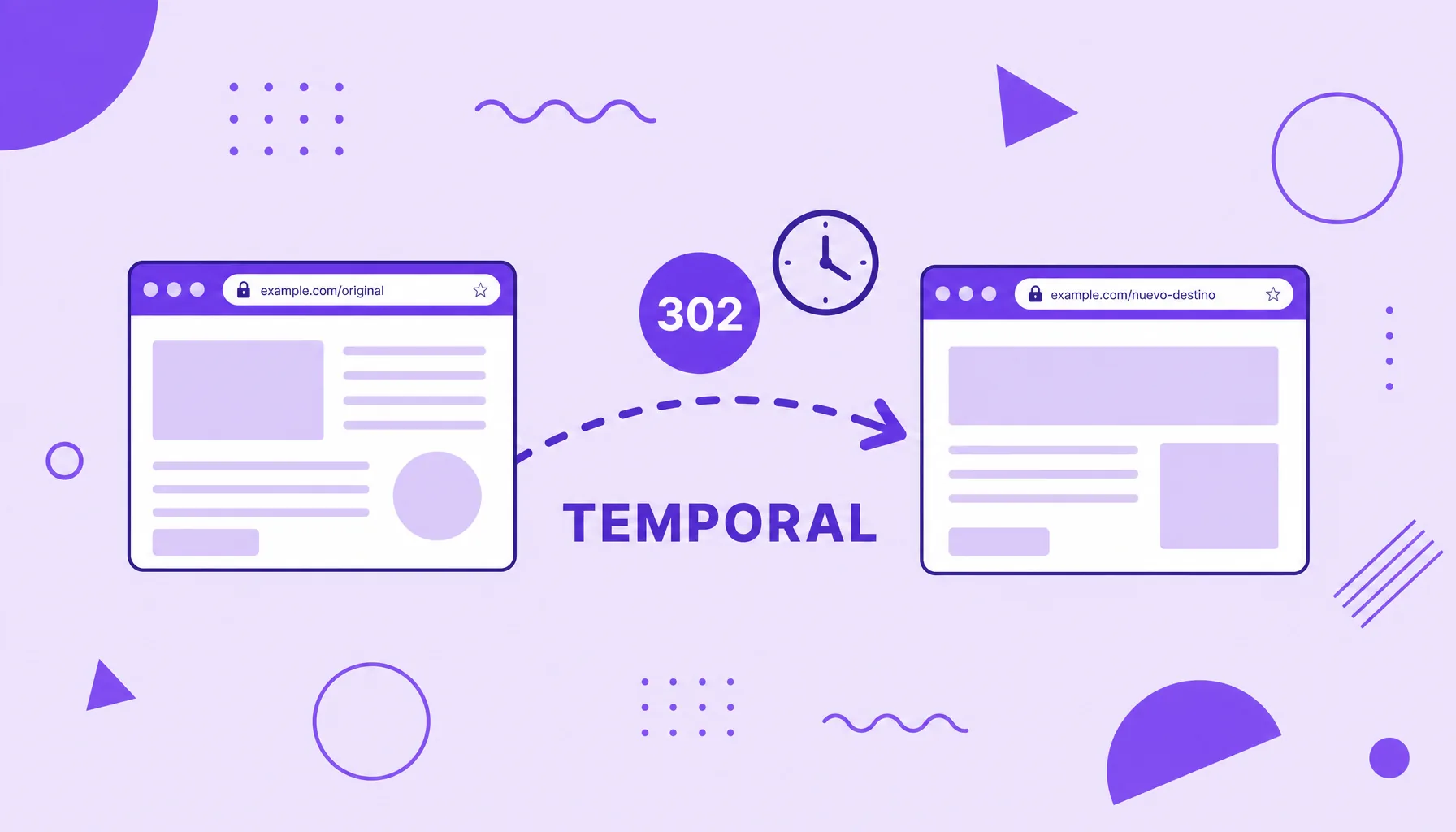 Ilustración de una flecha discontinua con el número 302 y un reloj que enlaza un sitio con otro, que representa una redirección temporal.