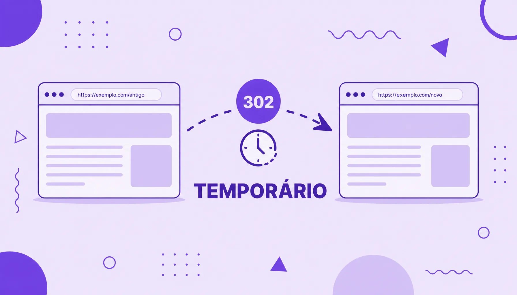 Ilustração de uma seta tracejada com o número 302 e um relógio ligando um site a outro, representando um redirecionamento temporário.