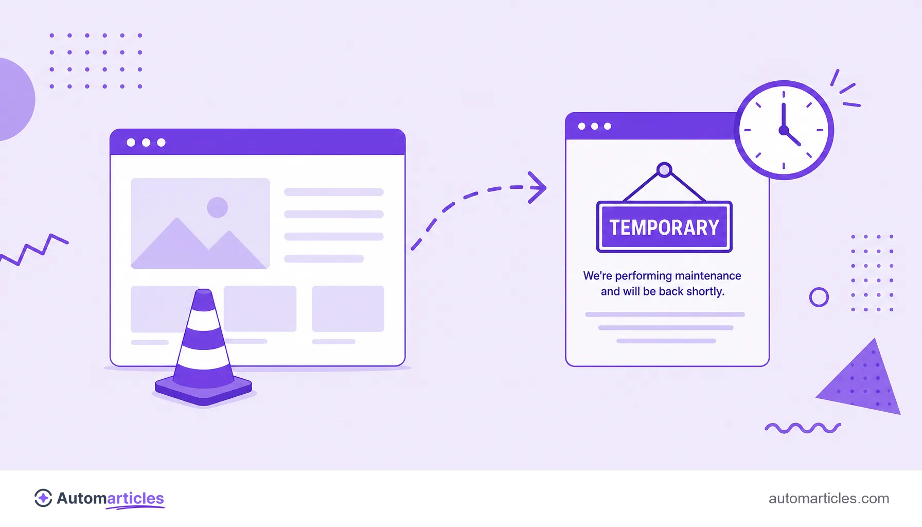 Illustration of a site under maintenance with a dashed arrow detouring to a temporary notice page.