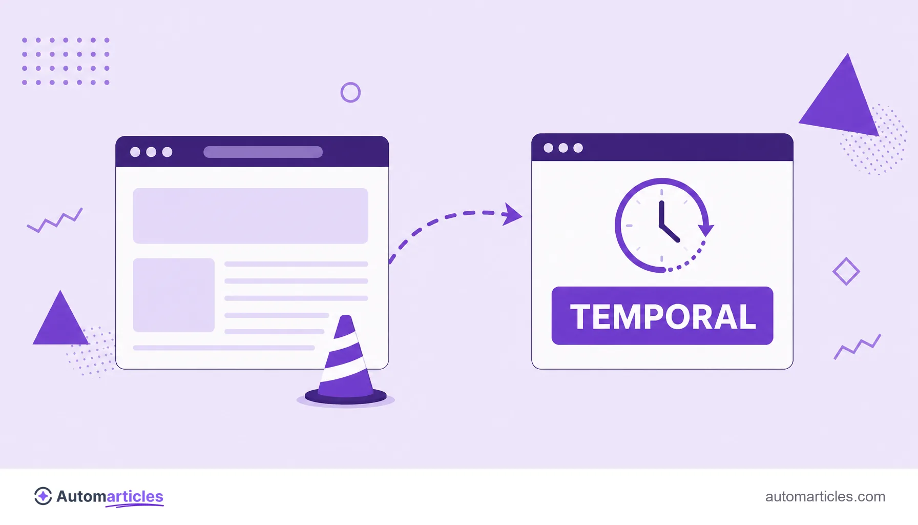 Ilustración de un sitio en mantenimiento con una flecha discontinua que desvía hacia una página de aviso temporal.