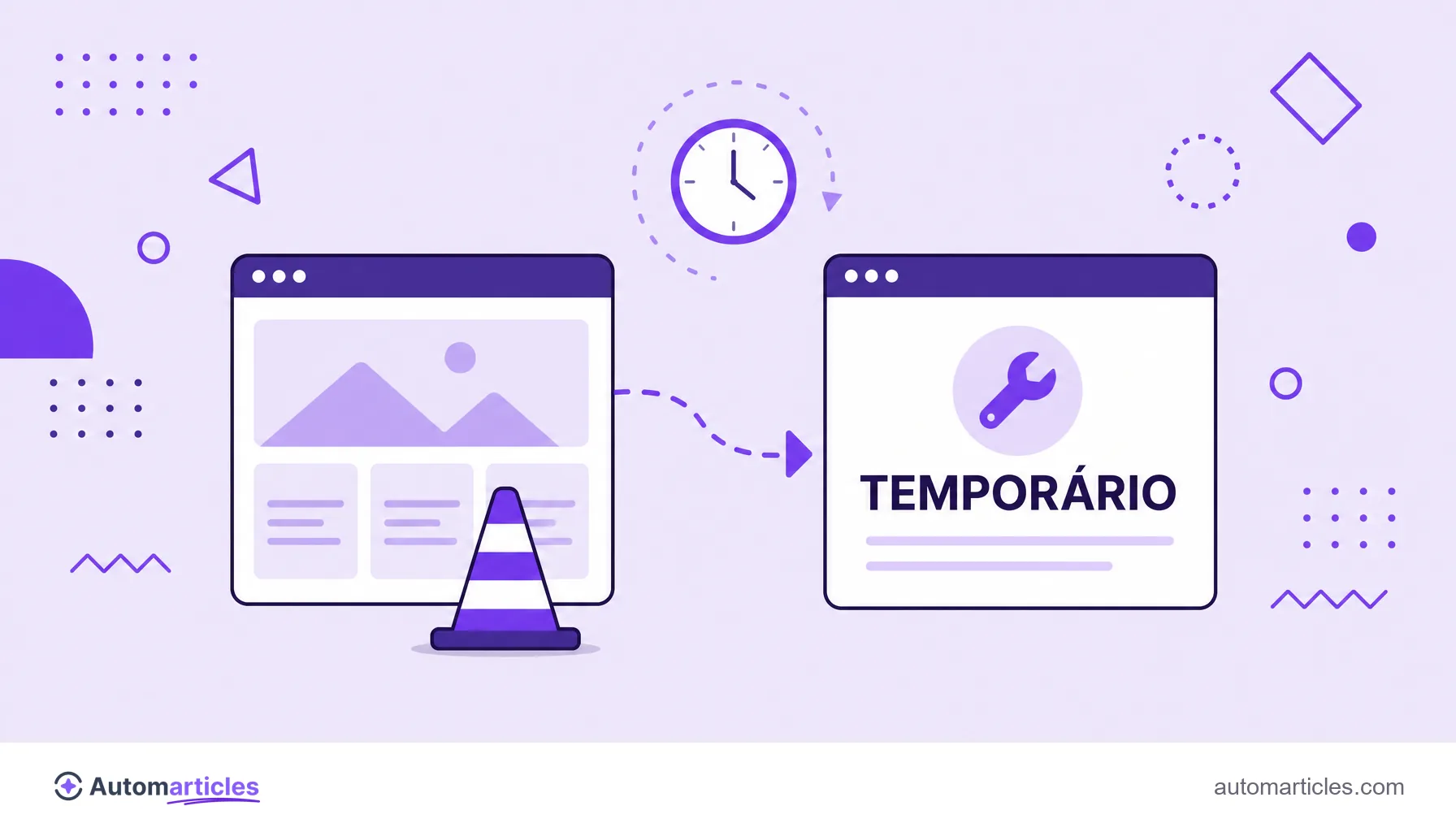 Ilustração de um site em manutenção com uma seta tracejada desviando para uma página de aviso temporária.