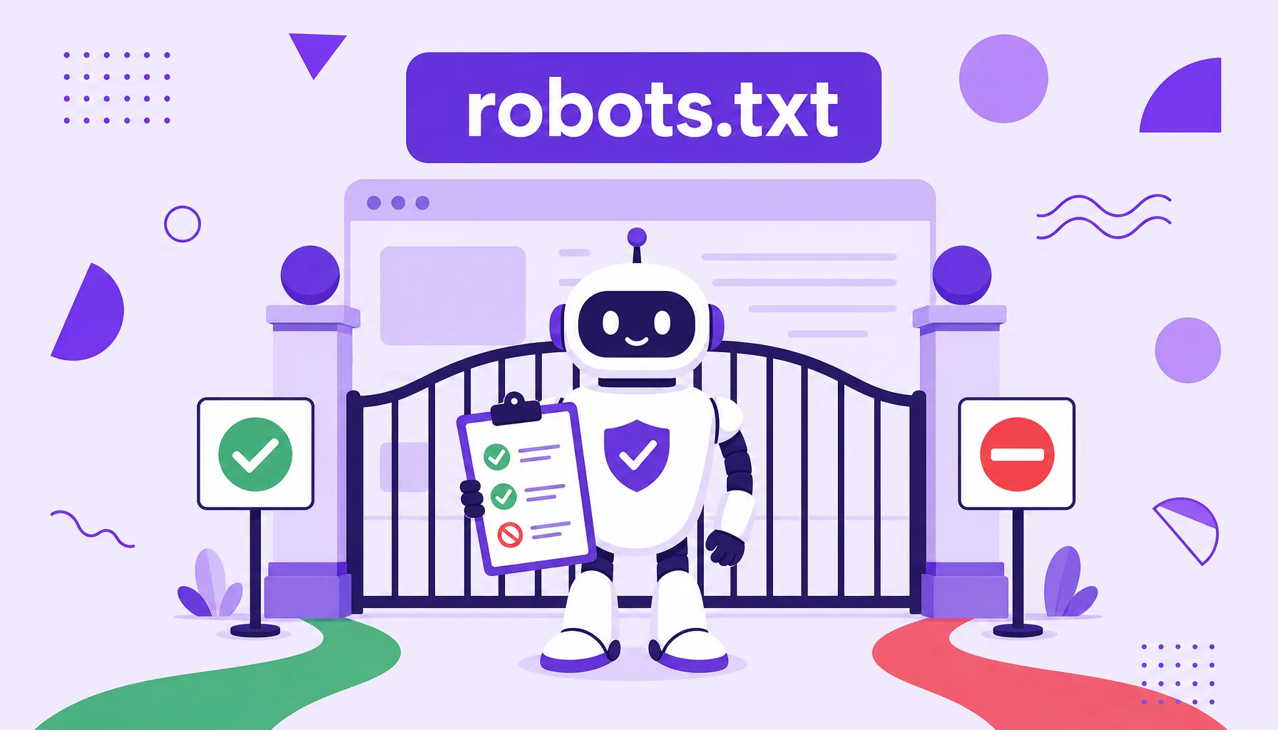 Illustration of a robot in front of a website gate holding a list, with allowed and blocked signs, representing the robots.txt file.