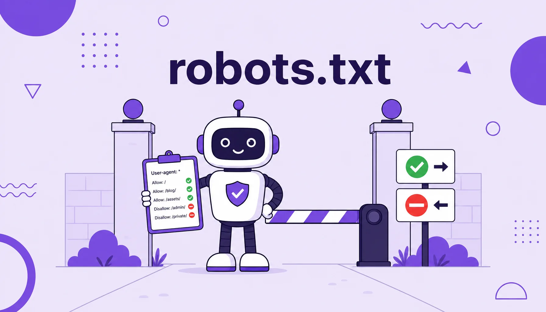 Ilustração de um robô diante do portão de um site segurando uma lista, com placas de permitido e bloqueado, representando o arquivo robots.txt.