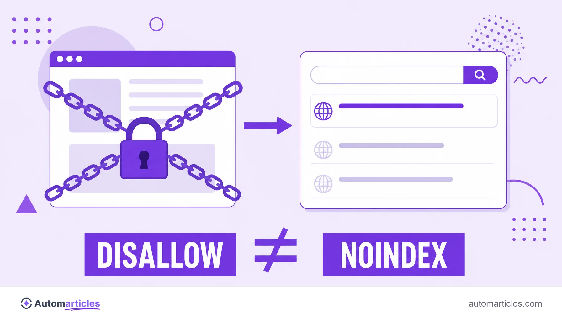 Illustration of a page locked by a padlock that still appears in search results with no description, showing that Disallow is not the same as noindex.