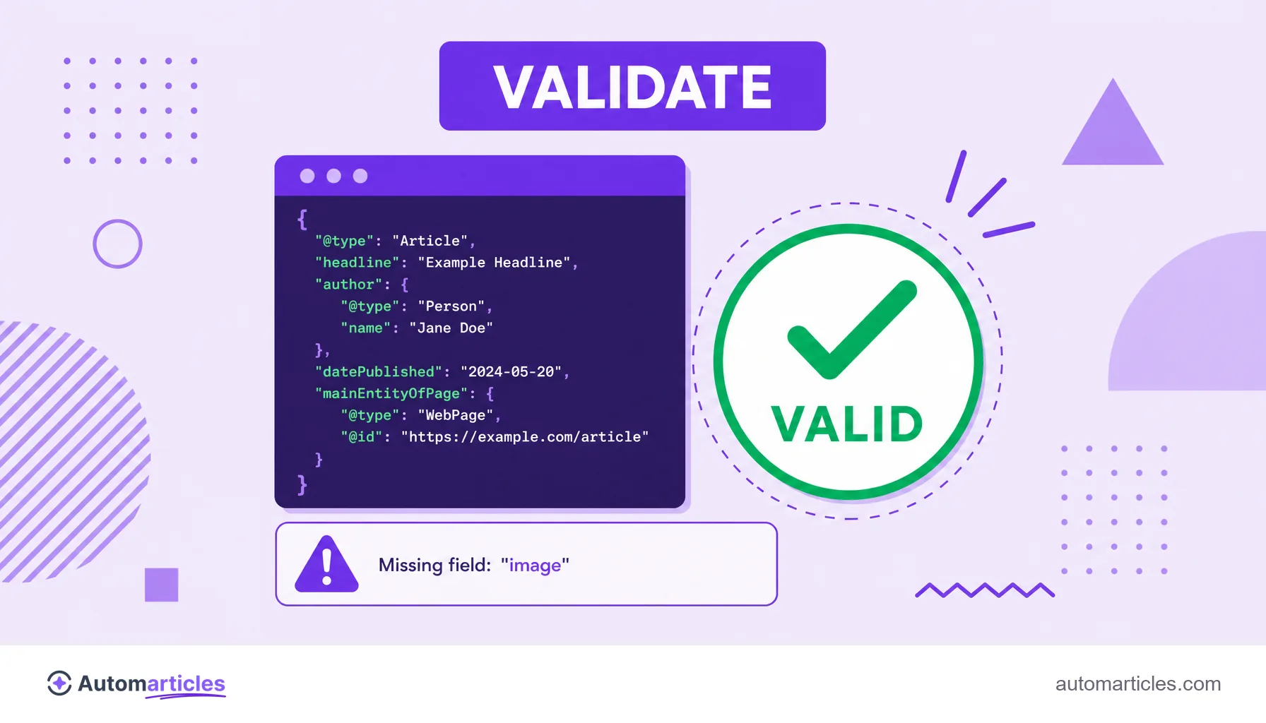 Illustration of a schema markup code block next to an approved validation seal with a check mark.