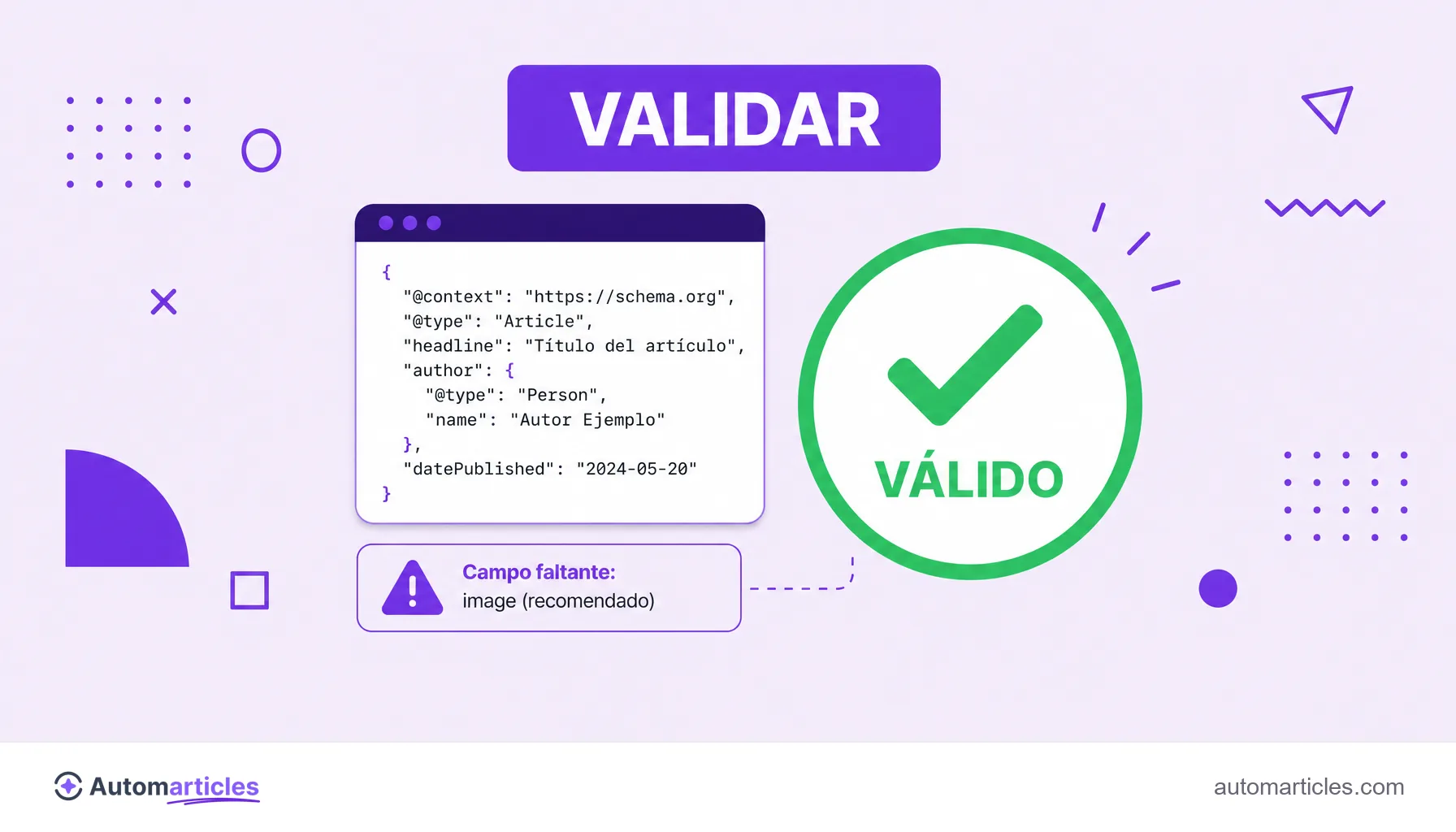 Ilustración de un bloque de código de schema markup junto a un sello de validación aprobado con un símbolo de visto.