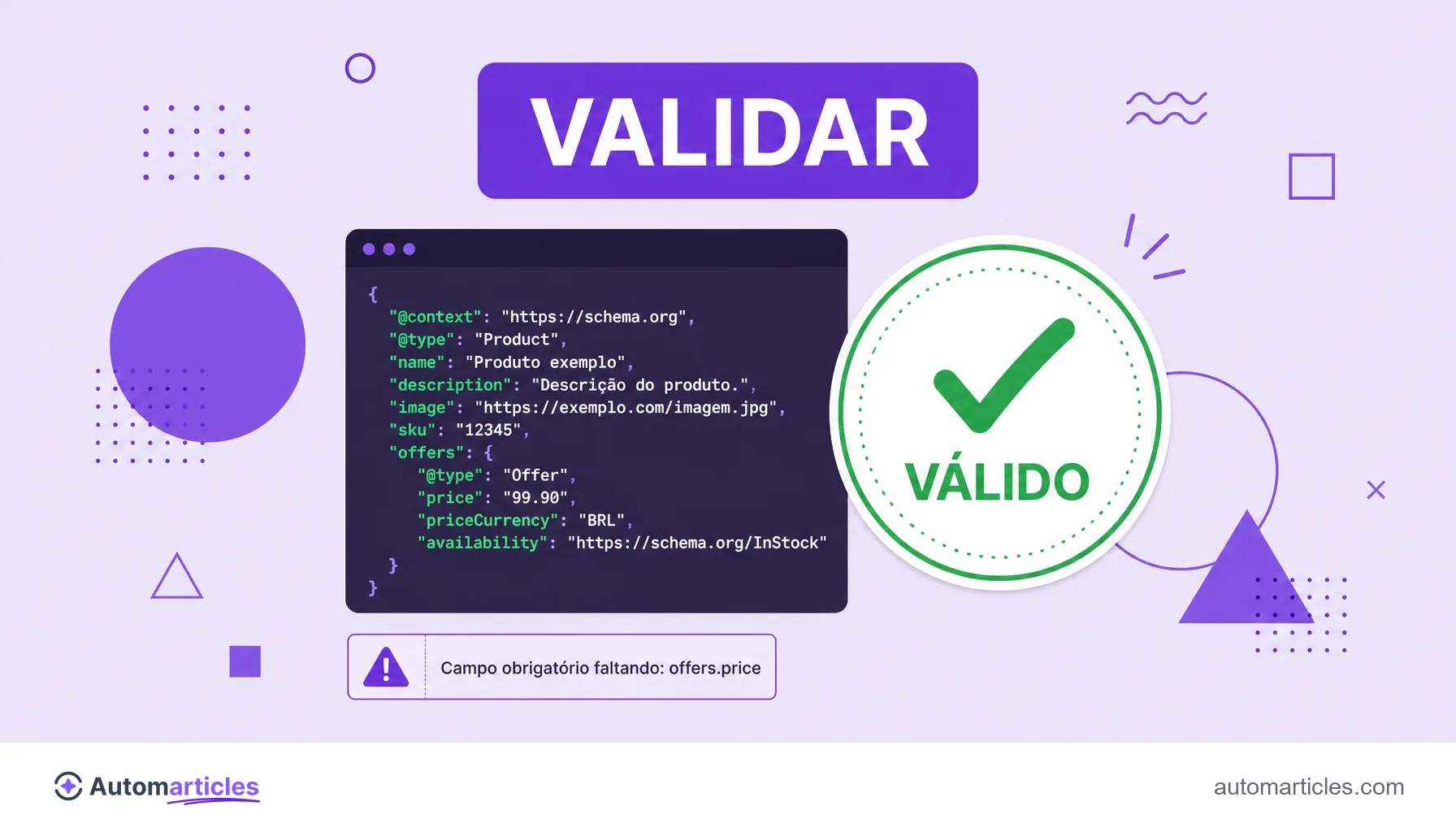 Ilustração de um bloco de código de schema markup ao lado de um selo de validação aprovado com um símbolo de visto.