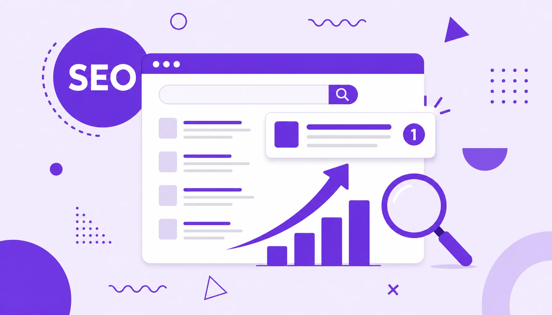 Illustration of a page rising to the top of the search results with a magnifying glass, representing search engine optimization (SEO).