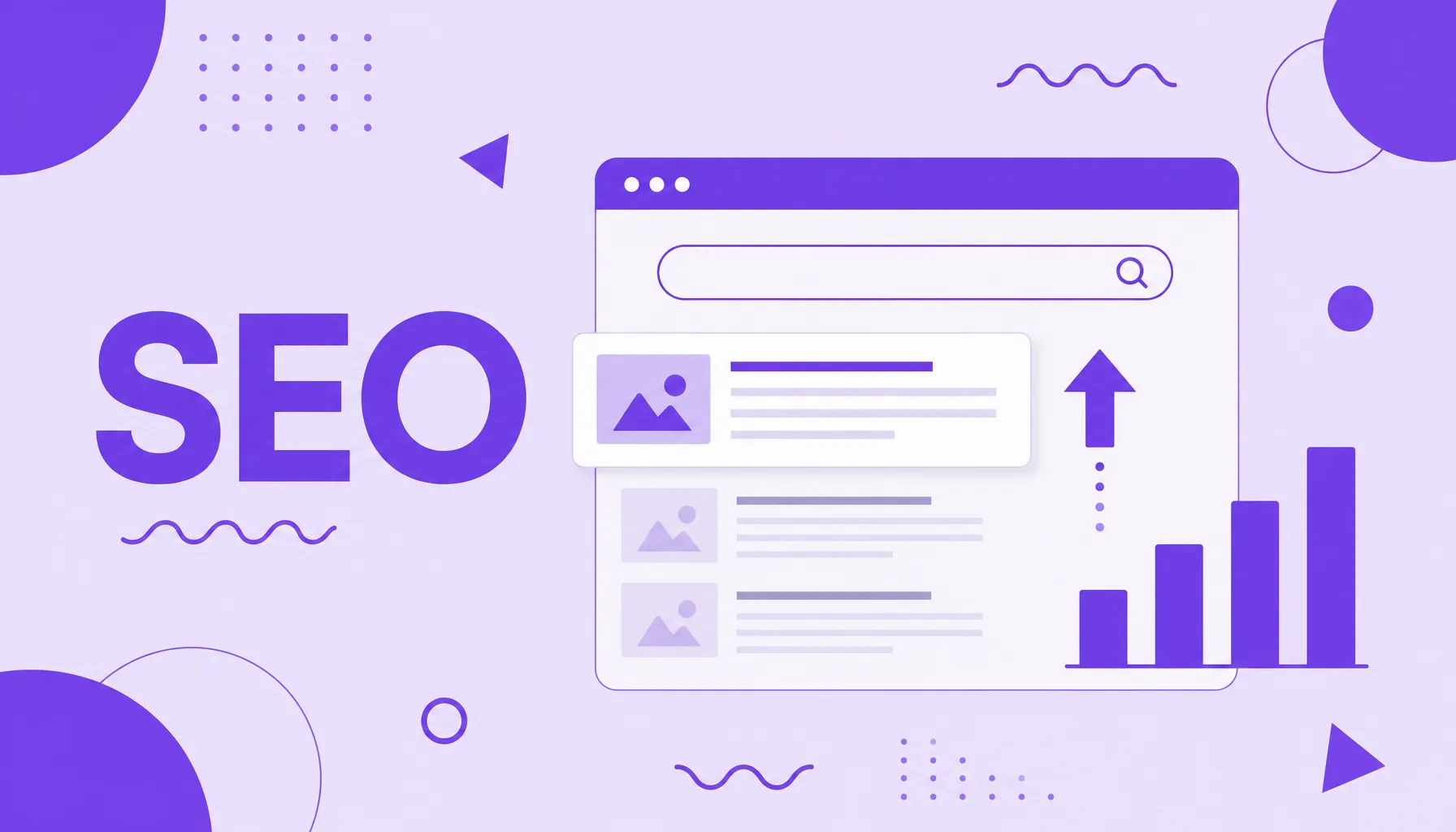 Ilustración de una página subiendo a lo alto de los resultados de búsqueda con una lupa, que representa la optimización para buscadores (SEO).
