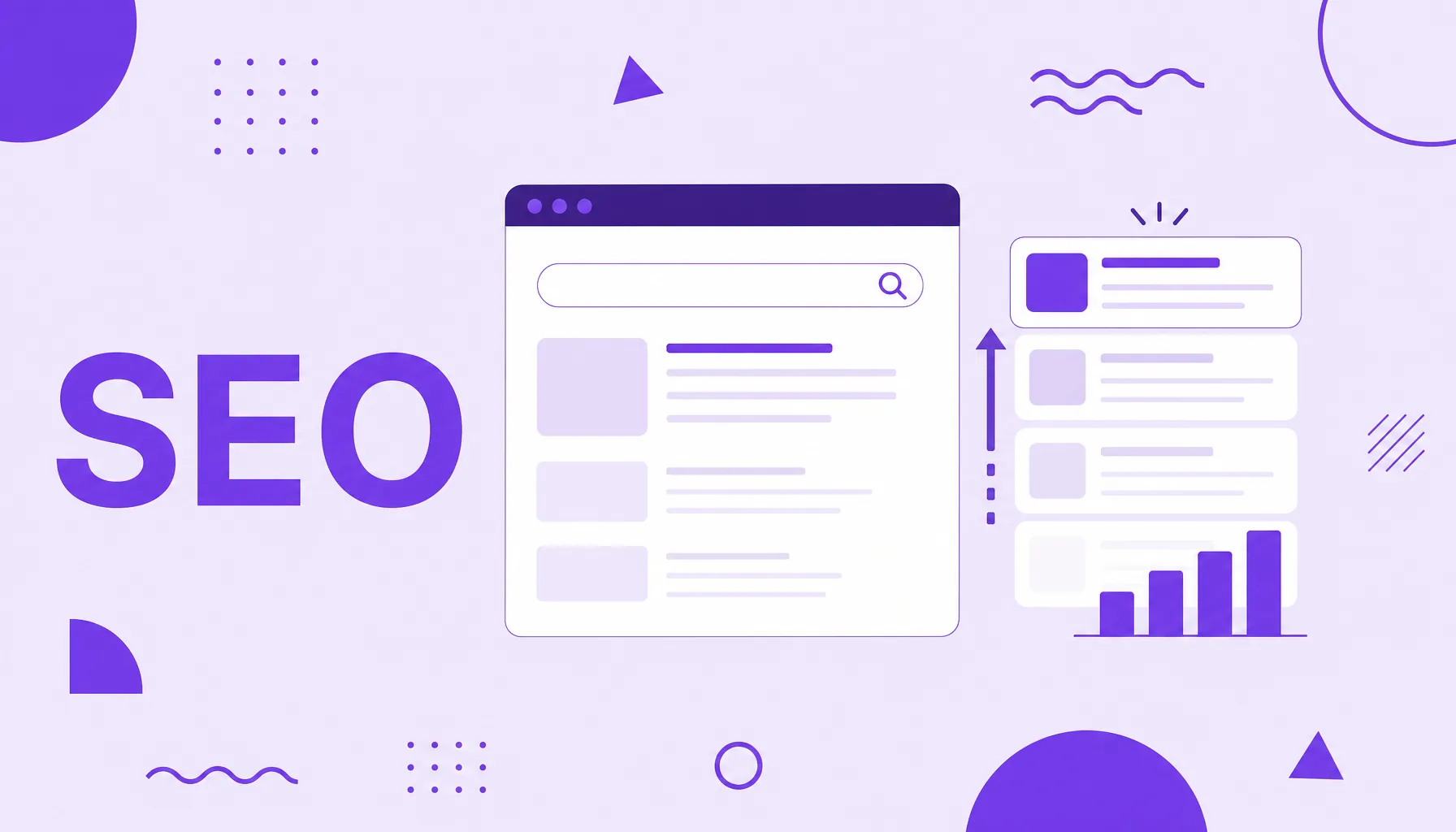 Ilustração de uma página subindo para o topo dos resultados de busca com uma lupa, representando a otimização para buscadores (SEO).
