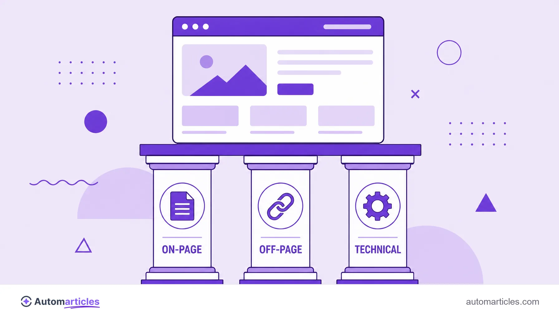 Illustration of three pillars labeled on-page, off-page and technical holding up a website, representing the fronts of SEO.