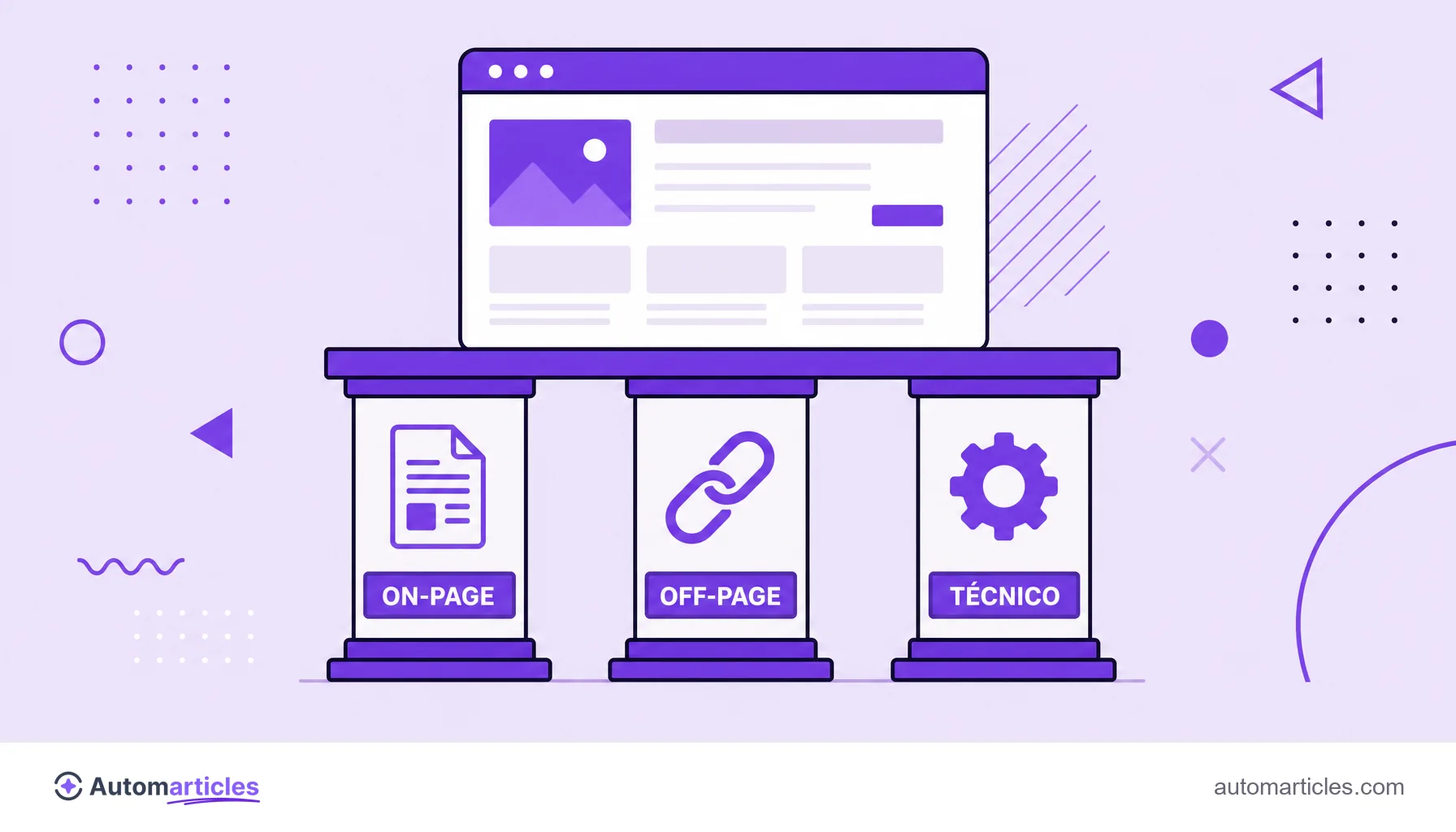Ilustración de tres pilares etiquetados on-page, off-page y técnico que sostienen un sitio web, que representa las frentes del SEO.