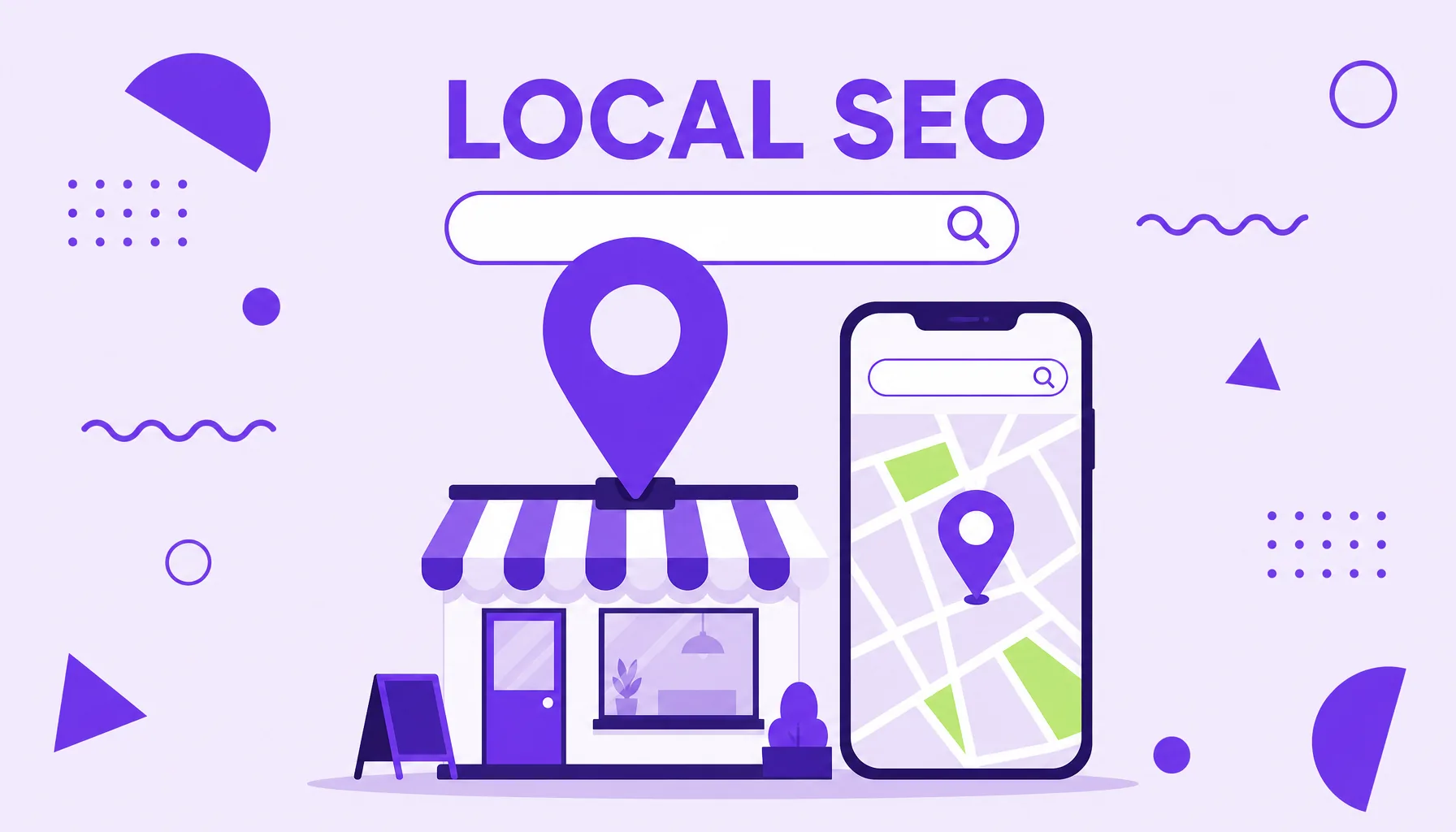 Illustration of a map pin over a shop storefront and a phone with a mini map and search bar, representing local SEO.