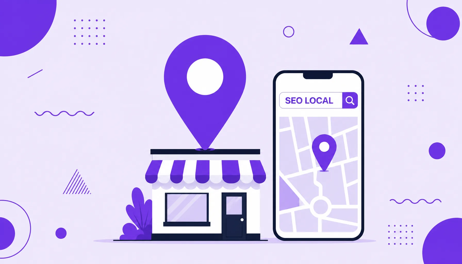 Ilustración de un alfiler de mapa sobre la fachada de una tienda y un móvil con minimapa y barra de búsqueda, que representa el SEO local.