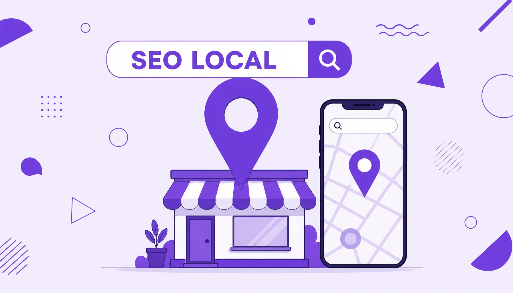 Ilustração de um alfinete de mapa sobre a fachada de uma loja e um celular com mini mapa e barra de busca, representando o SEO local.
