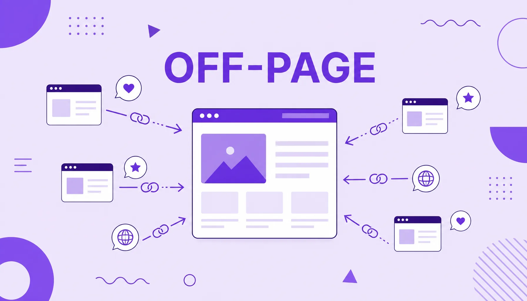 Ilustración de varios sitios externos que apuntan enlaces y menciones a un sitio central, que representa el SEO off-page.