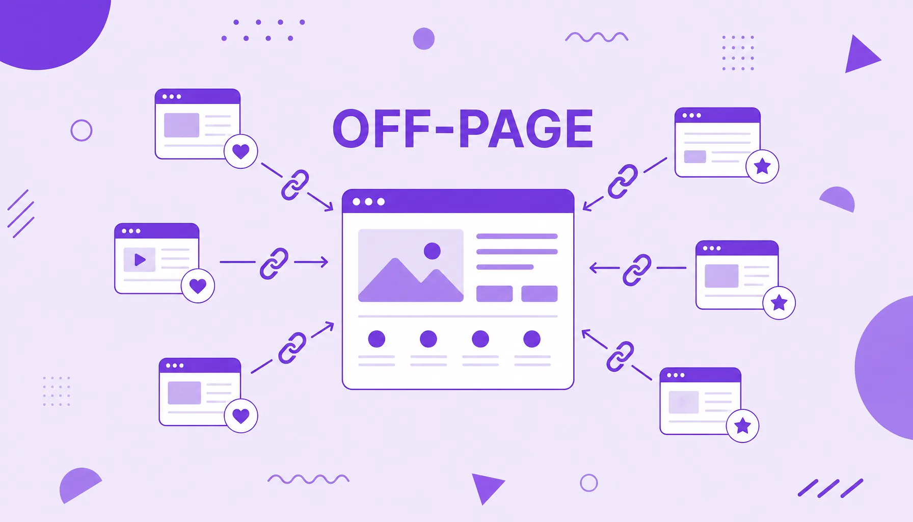 Ilustração de vários sites externos apontando links e menções para um site central, representando o SEO off-page.
