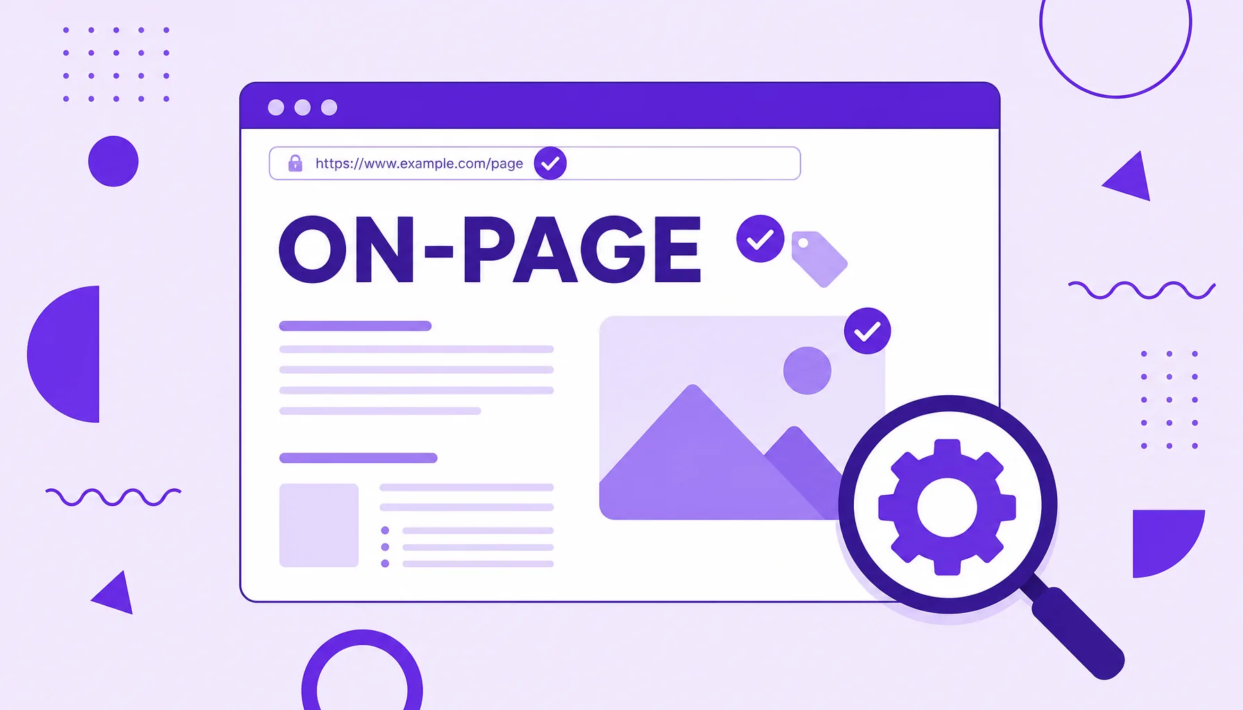 Illustration of a web page with title, text and image marked with optimization checks, representing on-page SEO.