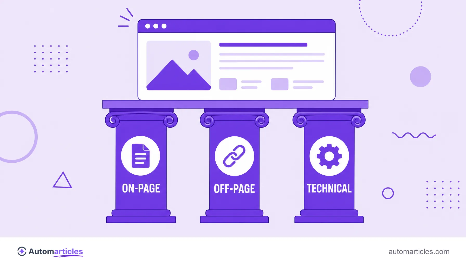 Illustration of three pillars (on-page, off-page and technical) holding up a web page, representing the fronts of SEO.