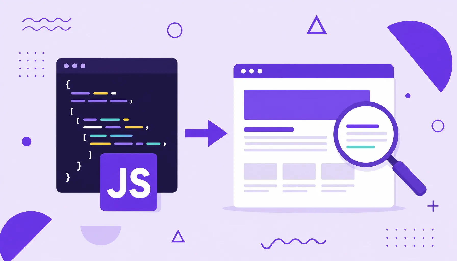 Ilustração de um bloco de código JavaScript com uma seta apontando para uma página de site renderizada e uma lupa de busca.