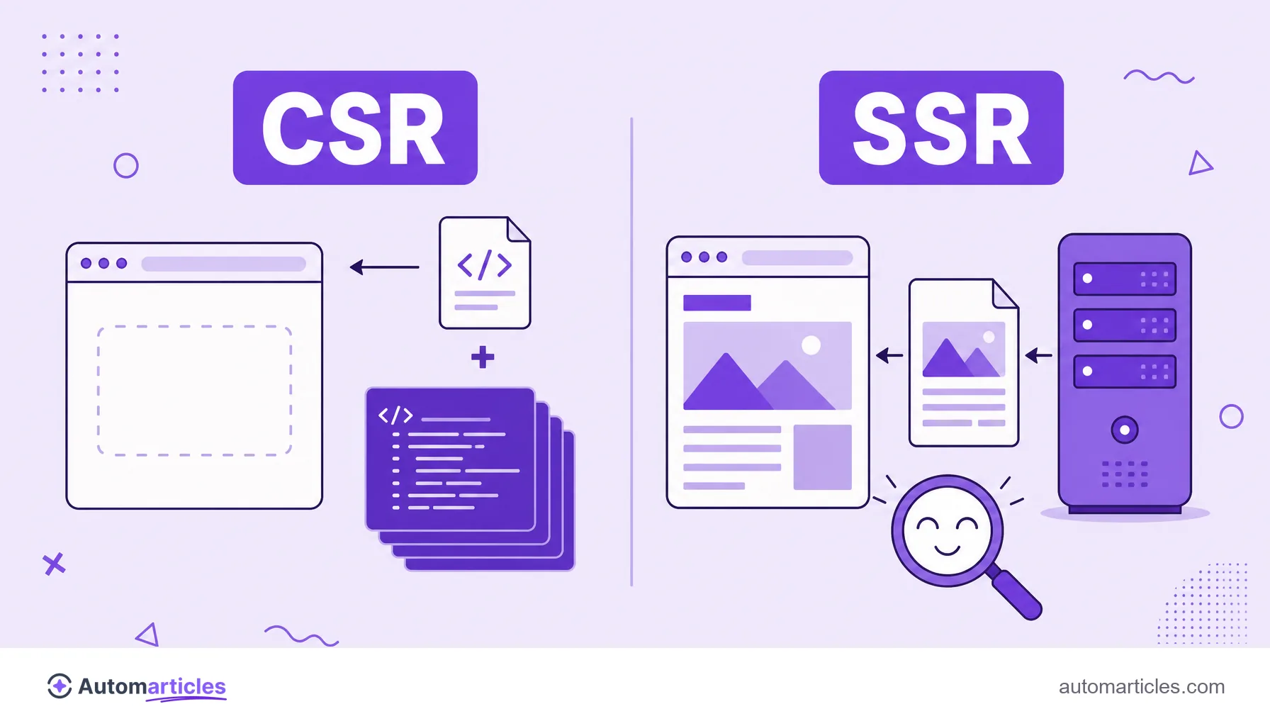 Illustration comparing client-side rendering (CSR) with an empty page and server-side rendering (SSR) with a page ready for the search engine.