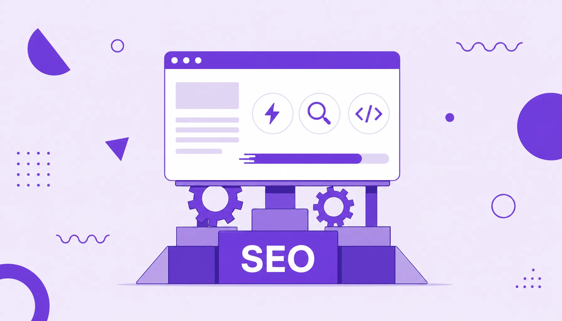 Illustration of a site resting on gears and a foundation of blocks, with speed and crawling icons, representing technical SEO.
