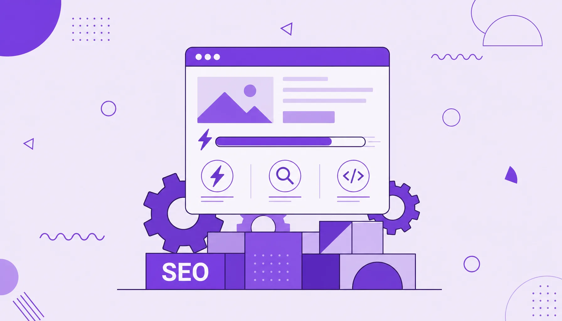 Ilustración de un sitio apoyado sobre engranajes y una base de bloques, con iconos de velocidad y rastreo, que representa el SEO técnico.