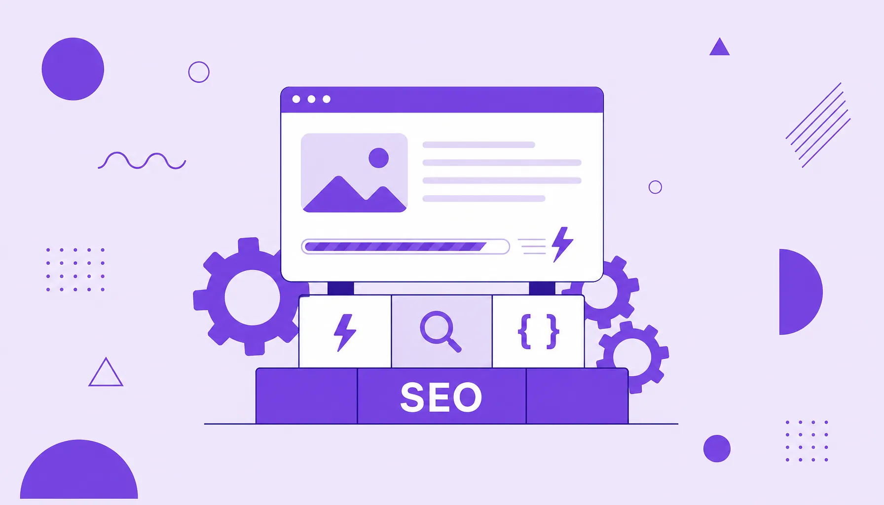 Ilustração de um site apoiado sobre engrenagens e uma fundação de blocos, com ícones de velocidade e rastreamento, representando o SEO técnico.