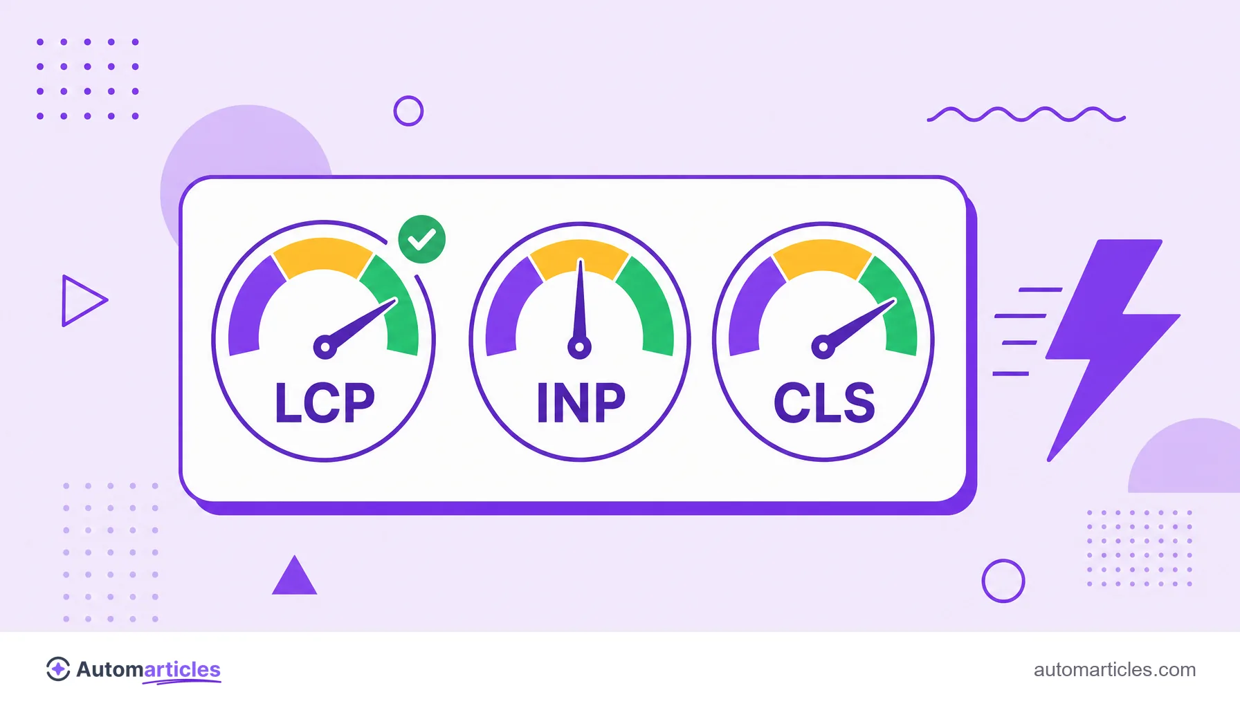 Illustration of a panel with three gauges labeled LCP, INP and CLS in the green zone, representing the Core Web Vitals of technical SEO.