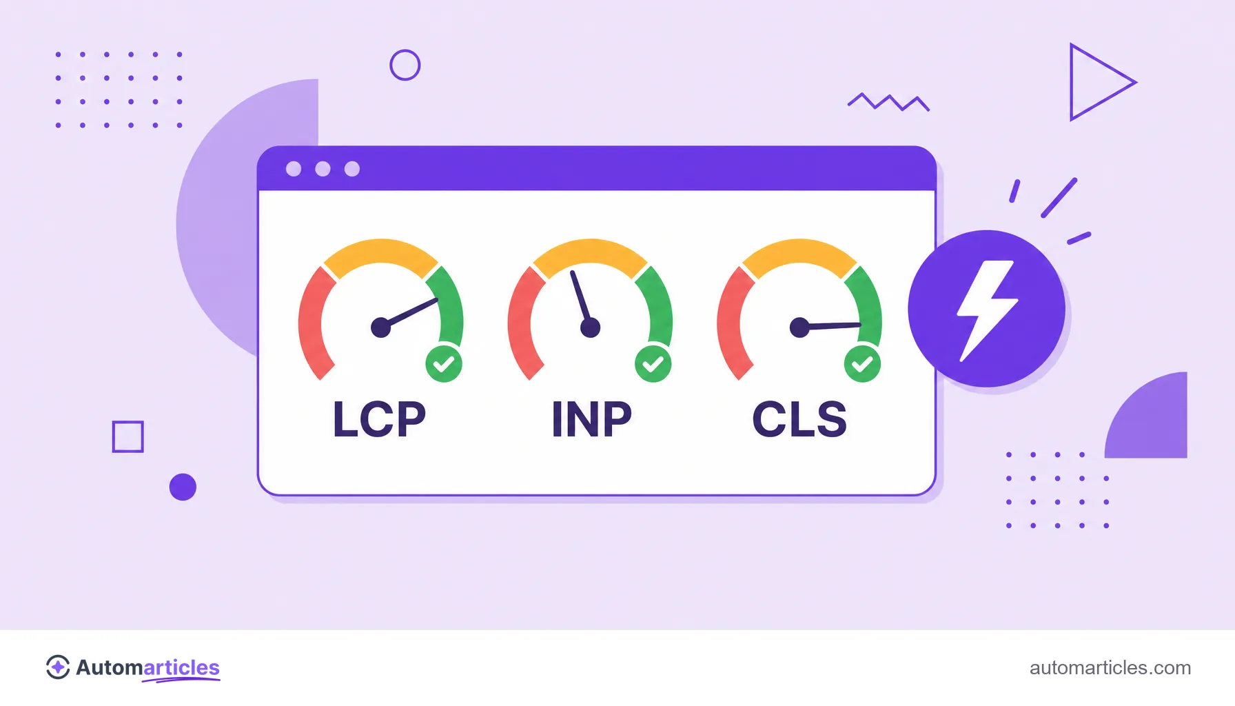 Ilustración de un panel con tres medidores etiquetados LCP, INP y CLS en la zona verde, que representa los Core Web Vitals del SEO técnico.