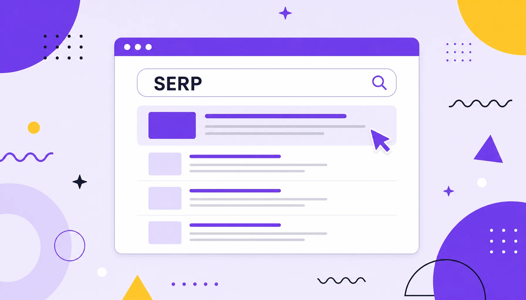 Ilustração de uma janela de navegador com barra de busca e vários resultados empilhados, representando a SERP.