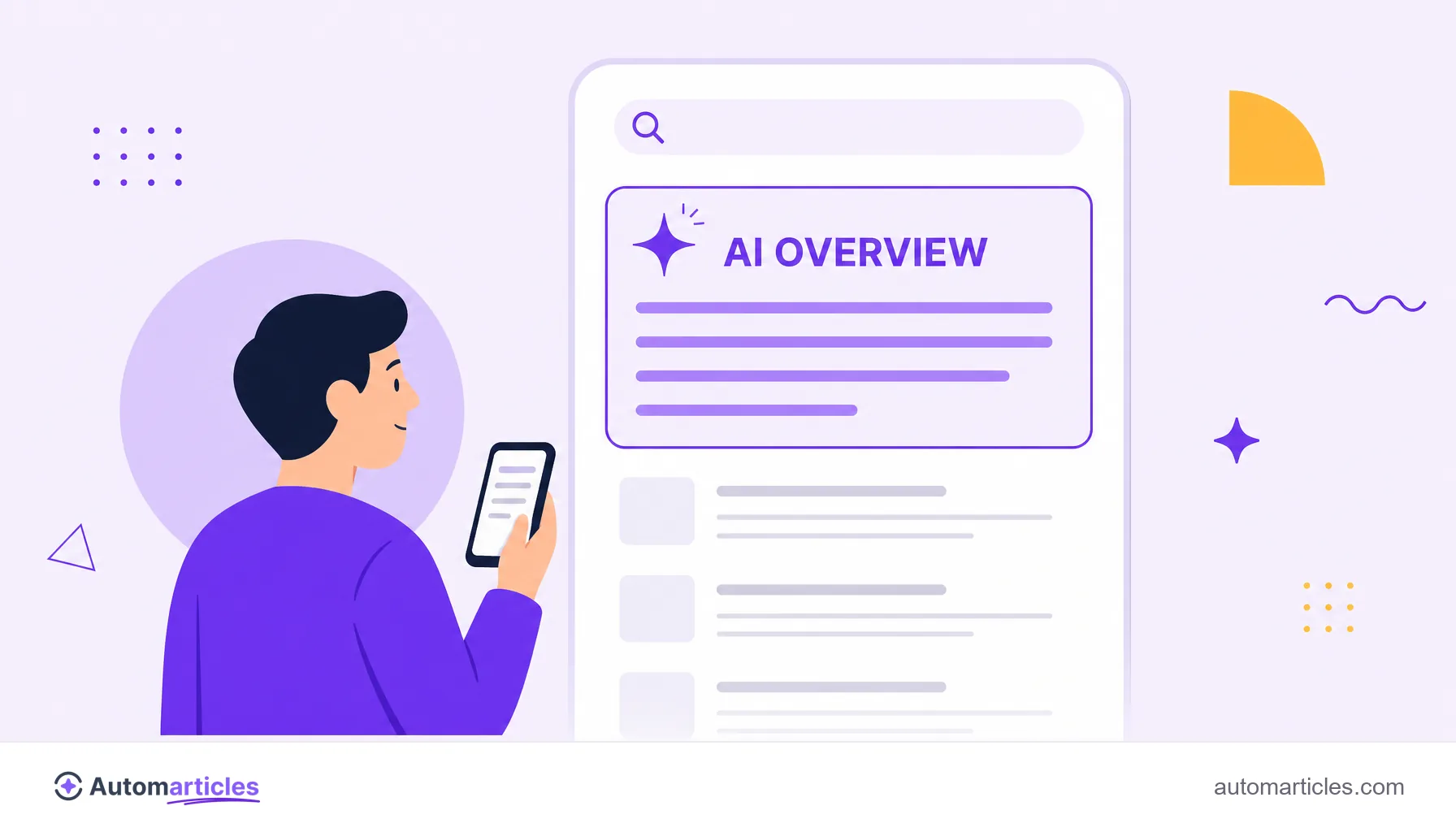 Illustration of an AI answer (AI Overview) at the top of the search, with traditional links getting less attention below.