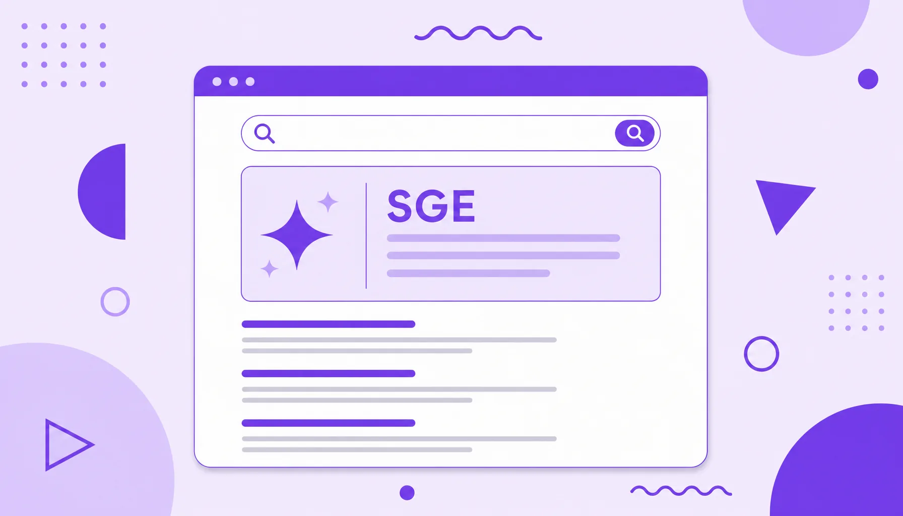 Illustration of a search window with a large AI generated answer box at the top, representing Google's SGE.