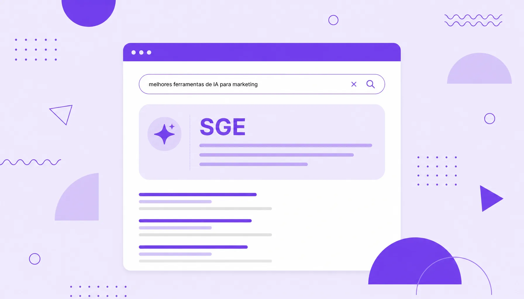 Ilustração de uma janela de busca com uma grande caixa de resposta gerada por IA no topo, representando a SGE do Google.