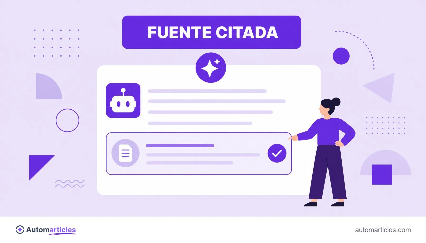 Ilustración de una respuesta de IA que destaca una fuente citada, que representa la optimización de contenido (GEO) para la búsqueda generativa.