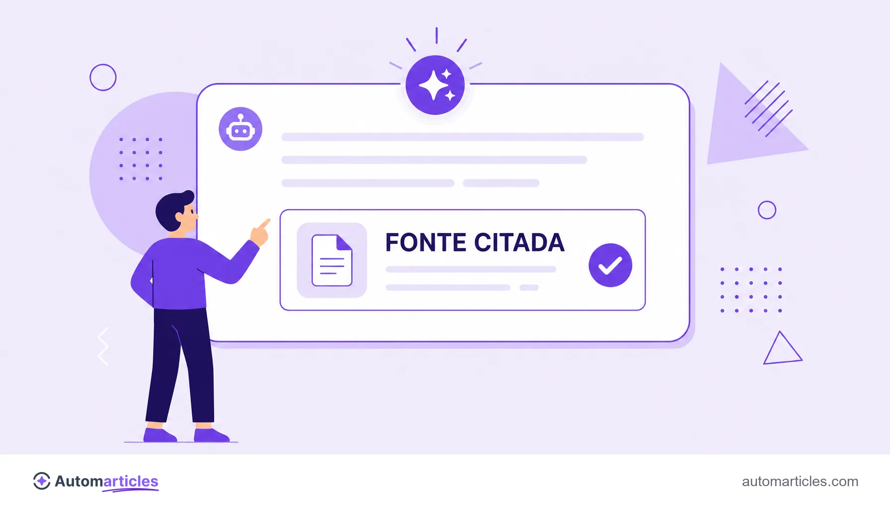 Ilustração de uma resposta de IA destacando uma fonte citada, representando a otimização de conteúdo (GEO) para a busca generativa.